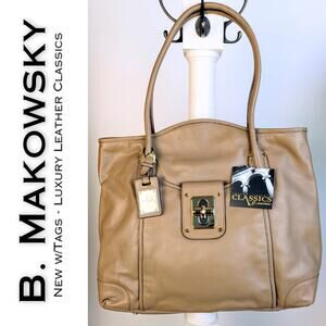B. Makowsky Nolita Leather Shoulder Bag Tan Large Luxury Classics Purse NEW